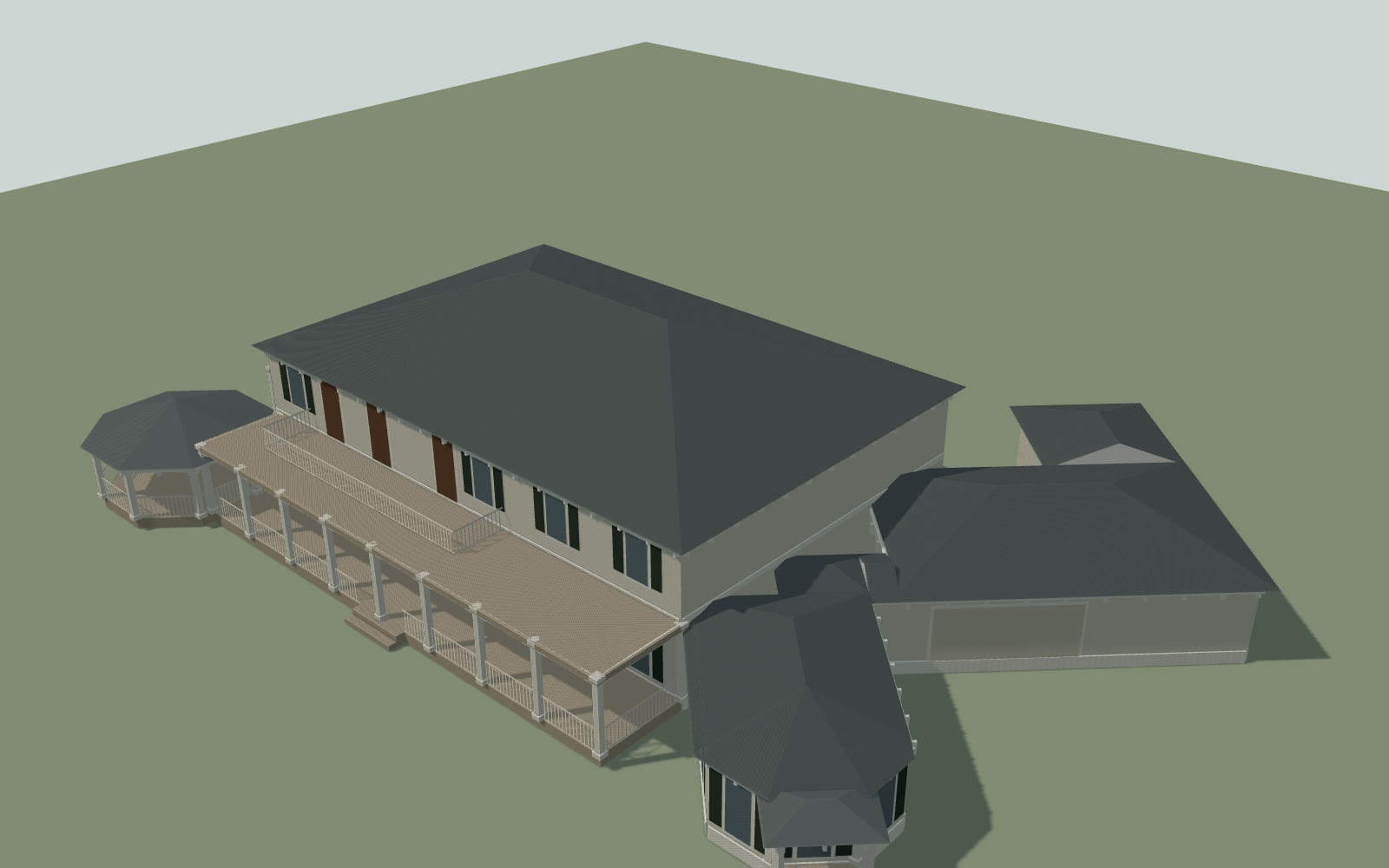 A shaded gray solid model of the house seen
      from above and to the south east: main block with a hipped roof, a two story porch along the south face,
      an octagonal gazebo at the west end and a diagonal wing running off to the south east.