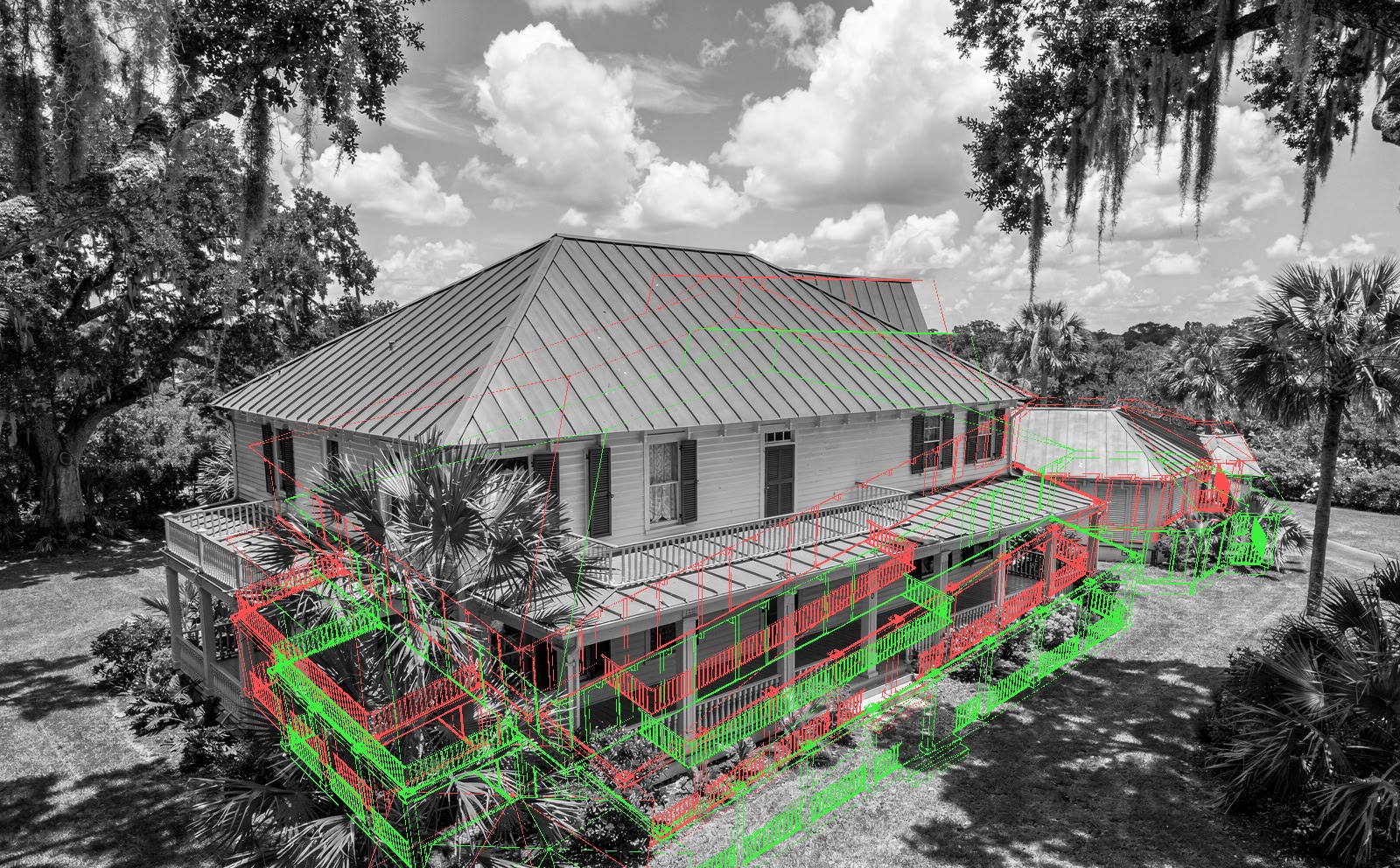 The south west aerial in gray. The line map is drawn
      twice: red where it is shipped, green shifted 42 pixels right and 61 pixels down. The green railings land
      on the porch railings and the red ones float above them.