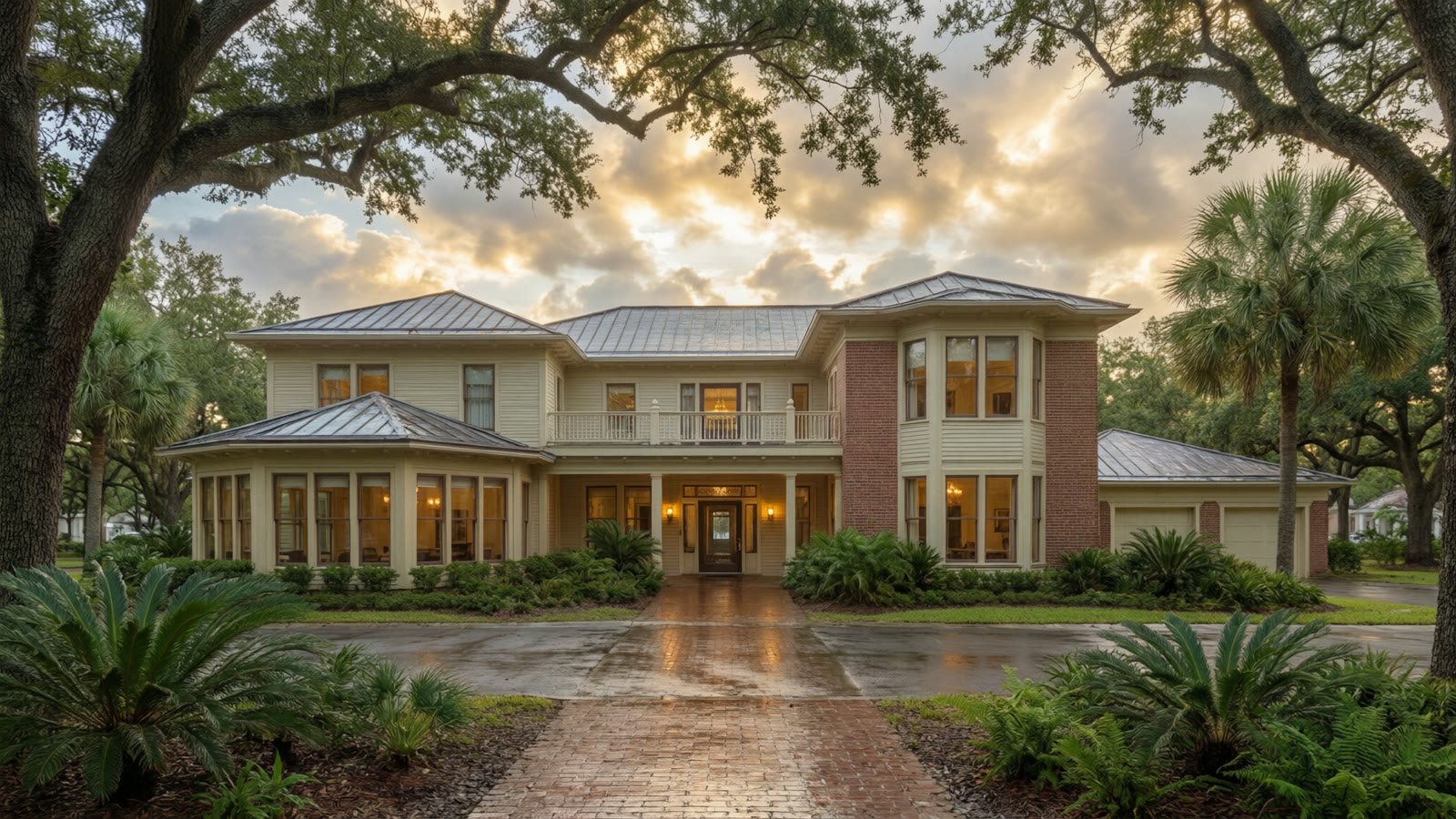 The generated front elevation: a two-story
    cream lap-sided house with a brick bay tower on the right, a glazed sun-room wing on the left, hipped
    standing-seam metal roofs, warm light in the windows, wet brick walk and driveway, live oaks and
    palms around it.
